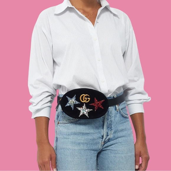 Gucci Velvet Matelasse Crystal Star GG Marmont Belt Bag 85 34 Black - Picture 1 of 6